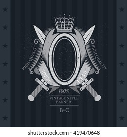 Oval Frame In Center Between Cross Swords and ribbon. Vintage Label With Coat of Arms On Blackboard