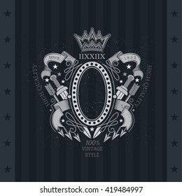 Oval Frame In Center Between Vintage Weapons And Ribbon. Label With Coat of Arms On Blackboard
