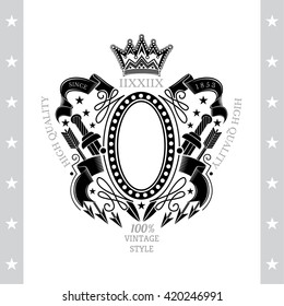 Oval Frame In Center Between Vintage Weapons And Ribbon. Label With Coat of Arms Isolated On White