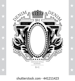 Oval frame in center of leaf with ribbons and line pattern. Heraldic vintage label on white