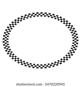 Oval frame with checkered print. Elliptic vignette with checkerboard, race flag or chess game pattern isolated on white background. Chequered framework. Vector illistration.