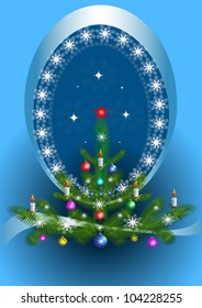 Oval frame with the Christmas tree on blue background