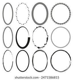 Oval frame collection. Decorative border set. Black and white. Vector shapes.