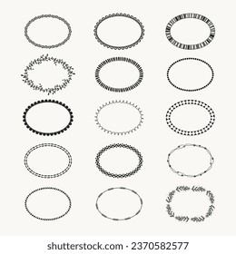 Oval frame collection. Elliptical border set. Doodle sketch style simple shapes. Hand drawn vector illustration, cut out isolated elements for decoration. Monochrome basic wreath