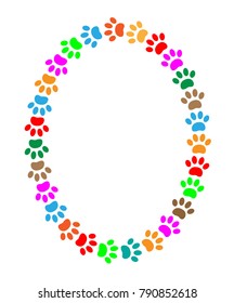 Oval frame of colorful paw prints animal with blank space for text.