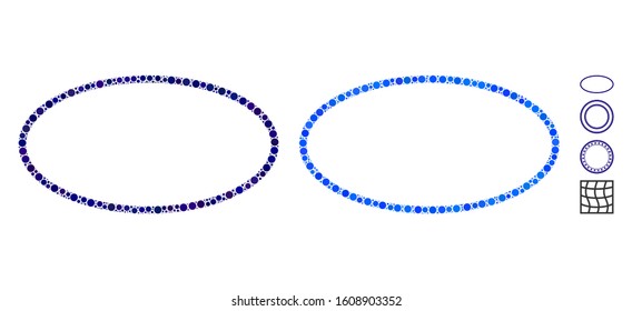 Oval frame composition of round dots in variable sizes and shades, based on oval frame icon. Vector dots are organized into blue composition. Dotted oval frame icon in usual and blue versions.