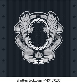 Oval frame cross with ribbons between open wings. Heraldic vintage label on blackboard