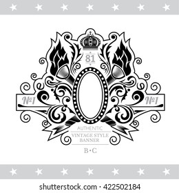 Oval Frame With Cross Torch And Floral Pattern. Vintage Label Isolated On White