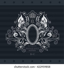 Oval Frame With Cross Torch And Floral Pattern. Vintage Label On Blackboard
