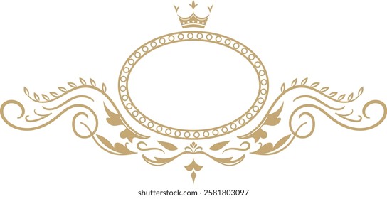 Oval frame with crown and floral ornaments creating vintage, luxurious and classic design, perfect for certificates, diplomas, logos, or branding