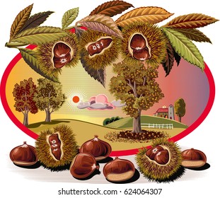 oval frame with curly chestnut and landscape.