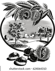 oval frame with curly chestnut and landscape.