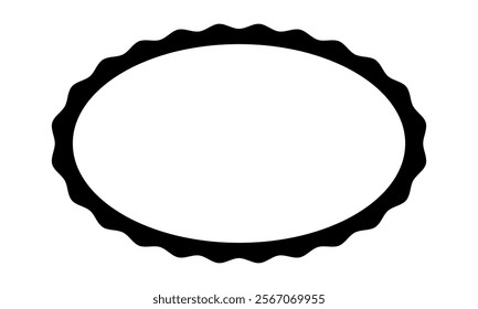 Oval frame with curvy borders. Elliptic shape with undulated edges. Box, tag, label or speech bubble template isolated on white background. Picture or mirror vignette. Vector graphic illustration.