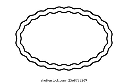 Oval frame with curvy borders. Elliptic shape with wriggly edges. Text box, sticker, headline, tag or speech bubble template isolated on white background. Vector graphic illustration.