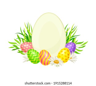 Oval Frame with Decorated Easter Eggs or Paschal Eggs Rested in Green Grass with Spring Flowers Vector Arrangement