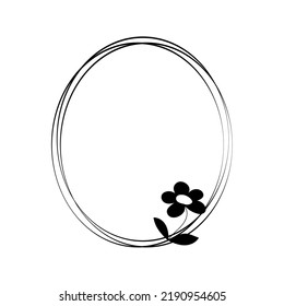 The Oval Frame Is Decorated With Flowers In A Minimalist Style. Vector Illustration Of Line Art.