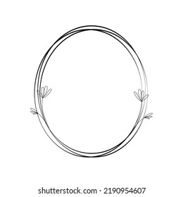 The oval frame is decorated with flowers in a minimalist style. Vector illustration of line art.