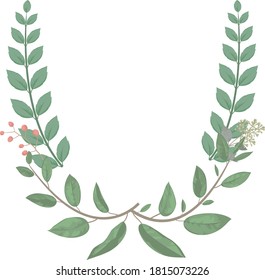 Oval frame decorated with plants, white background, green frame
