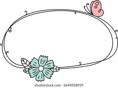 An oval frame with a delicate flower and butterfly in a hand-drawn style. The design features swirling lines and a whimsical butterfly perched on top. Cartoon vector illustration.