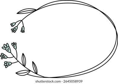 Um quadro oval com flores delicadas e folhas em um estilo de desenho de linha limpa. A ilustração apresenta botões floridos e folhagem formando uma borda elegante. Ilustração de vetor de desenhos animados.