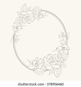 Oval frame design element: rose and narcissus flowers composition. Brown line on beige background. Vintage floral frame. Vector illustration.