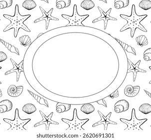 Oval frame with different sea shells. Hand-drawn ink illustration. Black and white. Vector Banner, poster, wrapping paper, sticker, print, modern textile design.
