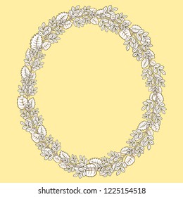 Oval frame with doodle light brown branches and leaves.Decoration for greeting card,wedding invitation,save the date.Wreath for your design with place for text