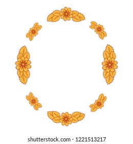 Oval frame with doodle yellow and orange flowers and leaves.Decoration for greeting card,wedding invitation,save the date.Wreath for your design with place for text