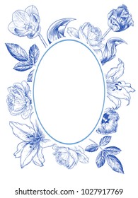 Oval frame edged by flowers.
Roses, lilies, tulips and leaves. Hand-drawn vector illustration in a vintage style.