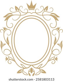 Oval frame featuring golden floral ornaments and a crown, creating a sophisticated and elegant design on a white background, offering a touch of royalty and luxury