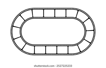 Oval frame with film strip as a border. Movie or photo camera tape in elliptic shape. Storyboard layout. Photographies collage template. Vector graphic illustration.