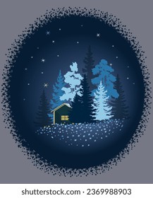 Oval frame with a forest cottage house against the winter night sky background. Vector illustration.	
