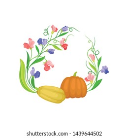 Oval frame with a gap at the top of the climbing stems with pumpkins. Vector illustration on white background.
