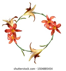 Oval frame of green stems and orange lilies. Border for the design of wedding cards. A decorative frame for cards and congratulations from realistic flowers. EPS 10
