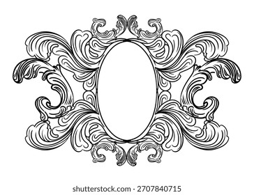 Oval frame hand drawing decorative design element. Baroque scroll ornate monogram. Victorian filigree flourish swirl vignette. Vector isolated illustration for design, fabric, invitation, wedding