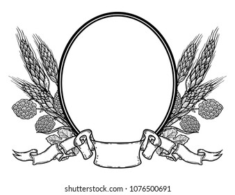 Oval frame with hand drawn hop and wheat. Beer label template. Vector image