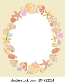 Oval frame from hand drawn seashells