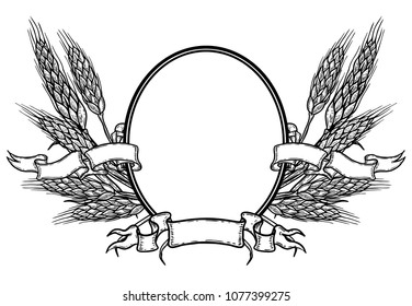 Oval frame with hand drawn wheat. Beer label template. Vector image