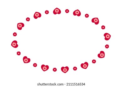 Marco ovalado con corazones y flores. Plantilla para tarjeta de San Valentín, invitación a la boda, foto, foto, cartel. Ilustración plana vectorial aislada en fondo blanco.