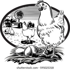 marco oval con gallina en nido con huevos.