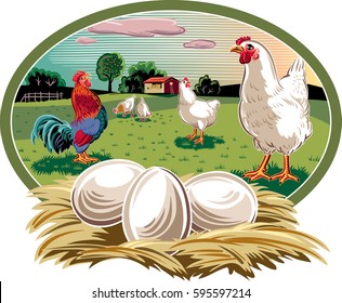 oval frame with hens and nest with eggs.