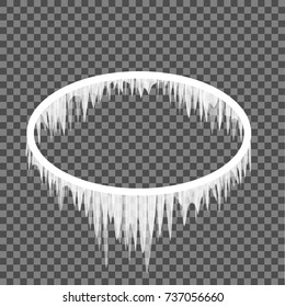 Oval frame in icicles on a transparent background. Ellipse shape winter frost template