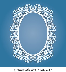 Oval frame with lace pattern. Image suitable for laser cutting,  plotter cutting. It can be used as a photo frame, for the design of wedding invitations and other invitations, brochures, menus.