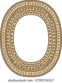 Quadro oval com anéis em camadas, linha fina e marcas tribais em estilo de desenho animado plano. Motivo étnico da borda mostra faixas concêntricas, pontos, traços e divisas, ilustração vetorial de desenhos animados