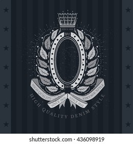 Oval frame with leaf wreath, ribbon and rays. Heraldic vintage label on blackboard