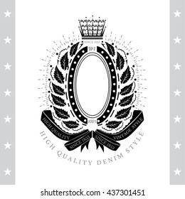 Oval frame with leaf wreath, ribbon and rays. Heraldic vintage label on white