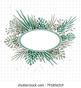 oval frame with leaves of plants. theme of summer and jungle.