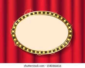 Oval frame with light on red, geometrical shiny board. Empty shape of cover with garland boarder, signboard with shadow on curtain background vector
