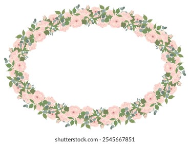 Oval frame of light pink roses and eucalyptus branches. Composition of beautiful flowers, buds, leaves isolated on background. Vector floral illustrations in flat style for wedding invitations, cards