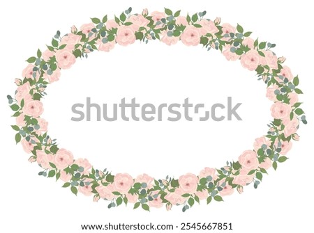 Oval frame of light pink roses and eucalyptus branches. Composition of beautiful flowers, buds, leaves isolated on background. Vector floral illustrations in flat style for wedding invitations, cards